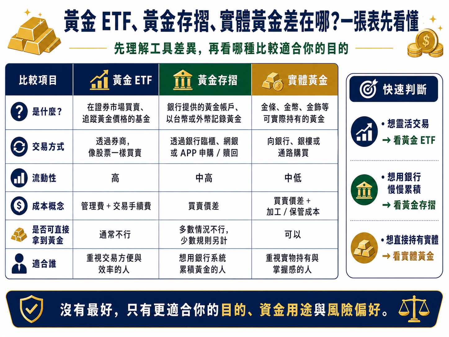 黃金 ETF、黃金存摺、實體黃金差在哪?