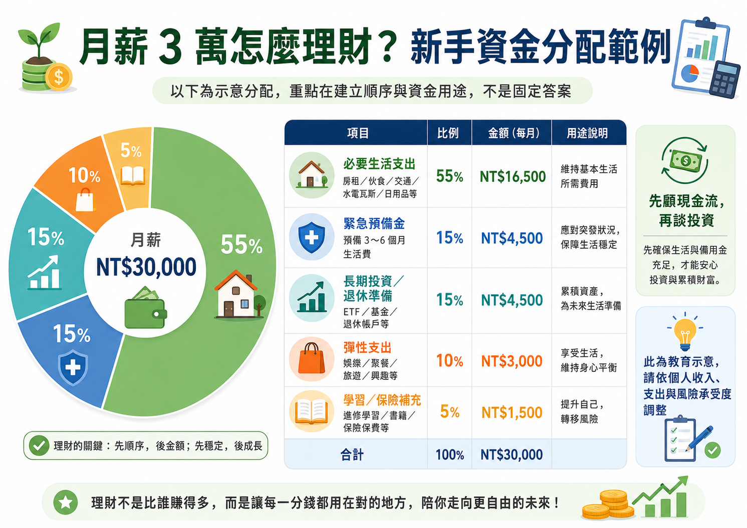 月薪 3 萬怎麼理財?新手資金分配範例